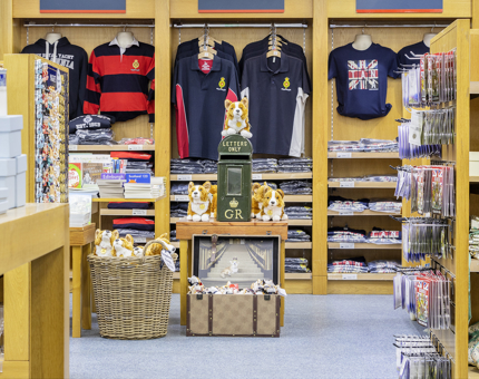 Displays of Britannia merchandise inside the temporary Gift Shop.