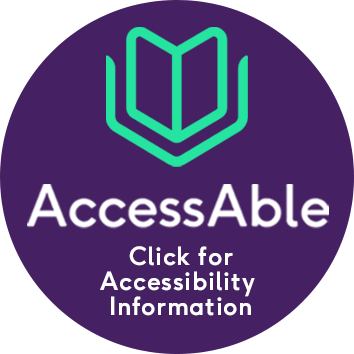 The logo for AccessAble. It it is a purple circle with with a turquoise blue graphic. Underneath is text that reads: AccessAble Click for Accessibility Information. 